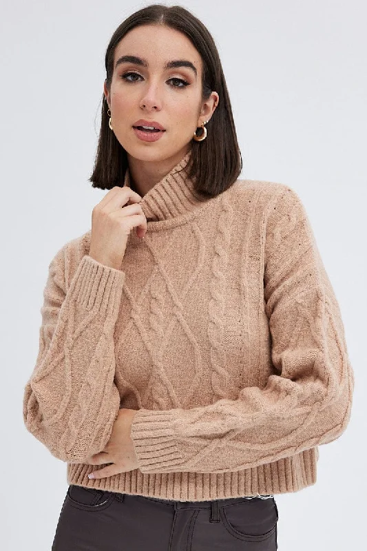 Cable Knit Jumper High neck Toggled Drawstring Belted
