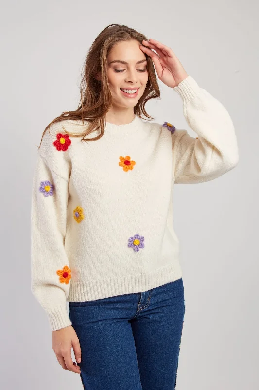 Calendula Flower Embroided Jumper White Mesh Blend Leather Blend Suede Blend