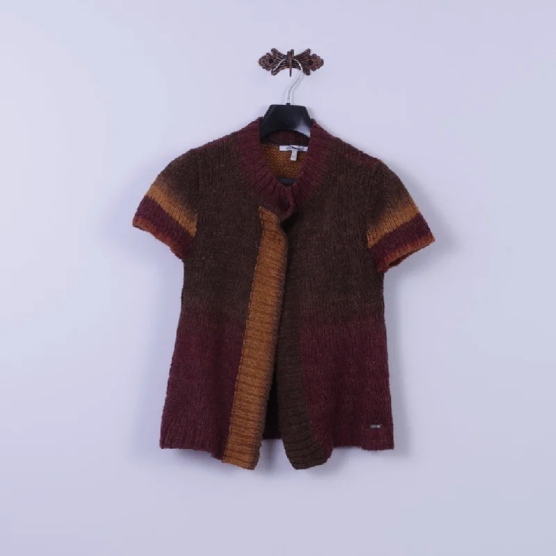 Steilmann Womens 12 38 Jumper Brown Short Sleeve Acrylic Two Button Top Terry Blend Velvet Blend Canvas Blend
