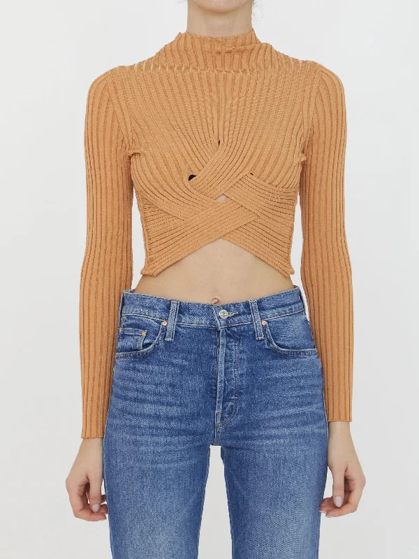 Cropped Ribbed Jumper Zippered Buttoned Snapped