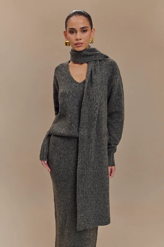 Ella V Neck Knit Jumper With Scarf - Charcoal Marle Ribbed Striped Patterned