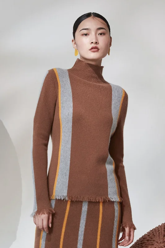 Funnel neck contrasting color 100% cashmere jumper Tailored Straight A-Line