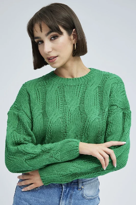 Green Cable Knit Jumper Long Sleeve Bright Pastel Dark