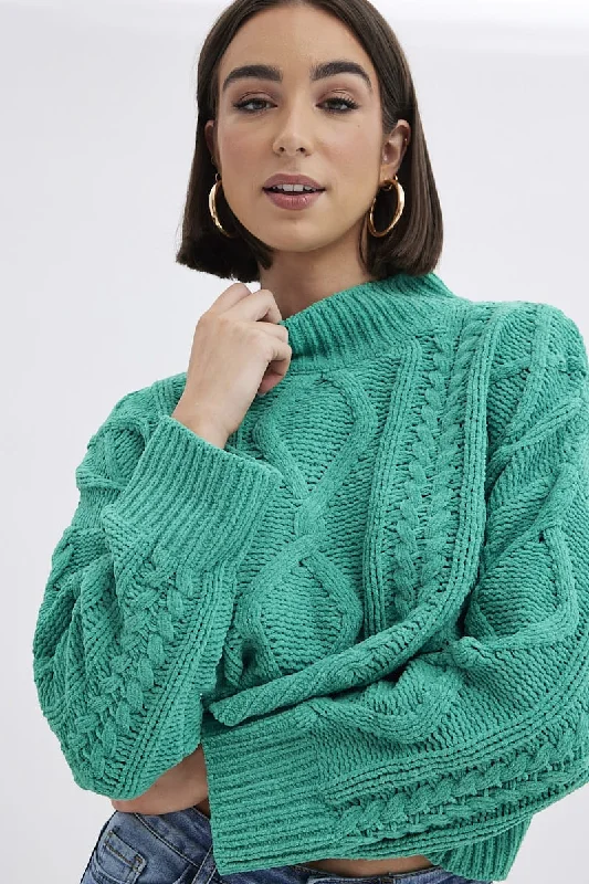 Green Cable Knit Jumper Long Sleeve Knit Fabric Woven Fabric Fleece Fabric