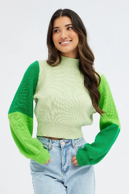 Green Knit Jumper Colour Block Satin Blend Silk Blend Wool Blend