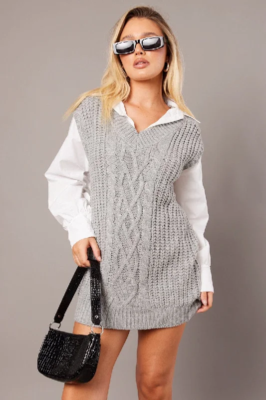 Grey Knit Top Jumper Glossy Satin Silk