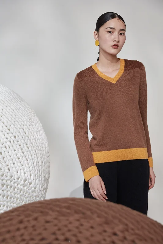 Joint stitch V-neck 100% cashmere jumper Spandex Rayon Corduroy