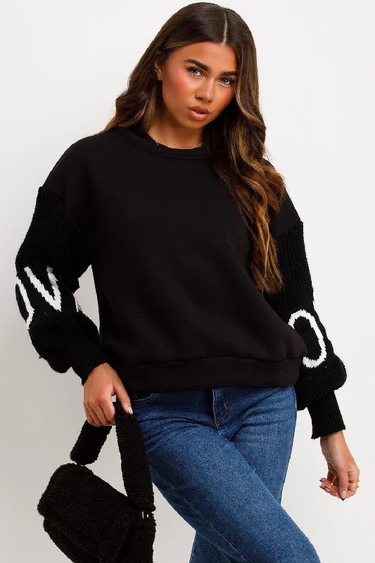 Jumper With Knitted Sleeves Love Slogan Black Neon Metallic Matte