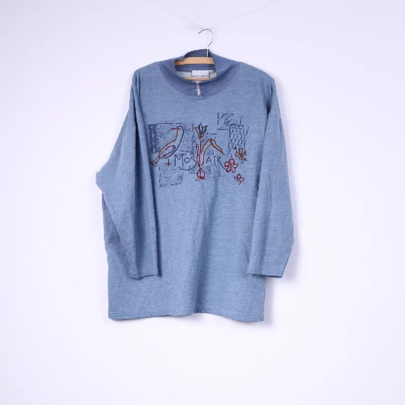 Lindex Collection For Women 42/44 XL Womens Graphic Jumper Zip Neck Blue Cotton Chenille Brocade Lace