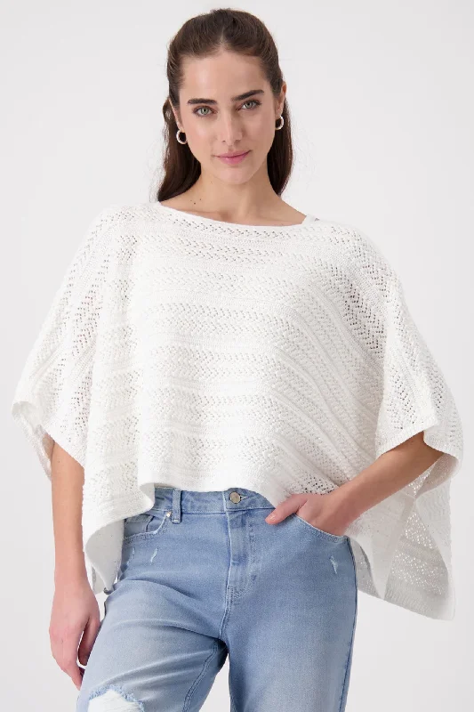 Monari 408427 Off White Crochet Knit Poncho Jumper Velvet Chenille Corduroy