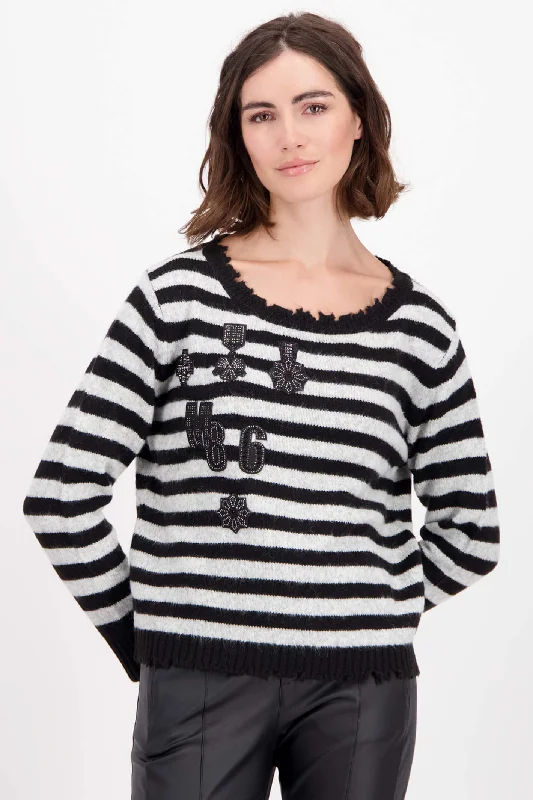 Monari 807041 Black Striped Round Neck Jumper Chenille Brocade Lace