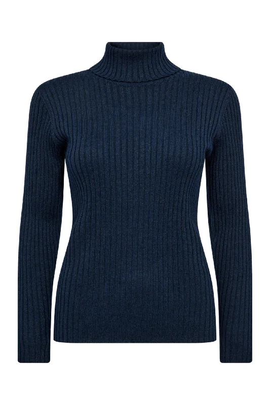 Mos Mosh 158120 MMRelena Pageant Blue Rib Lux Rollneck Jumper Front Pockets Side Pockets Patch Pockets