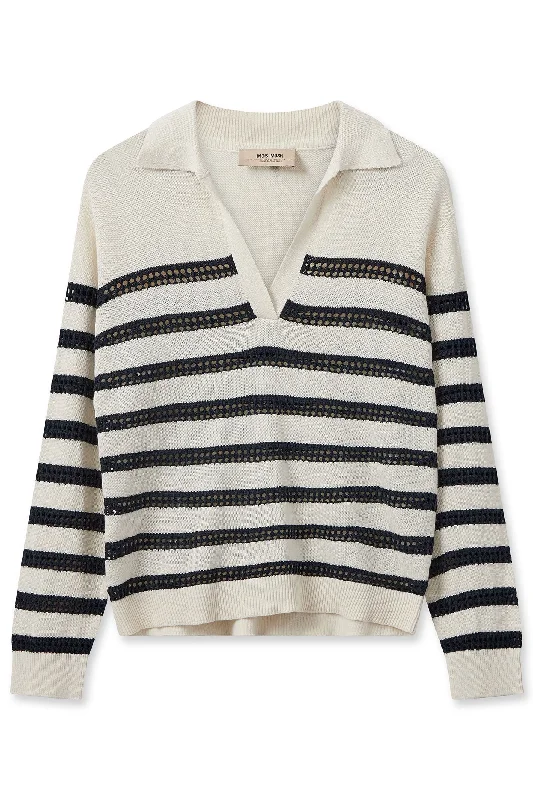 Mos Mosh 158880 MMRora Ecru Cream Striped V-Neck Jumper Terry Terry Cloth Terry Knit