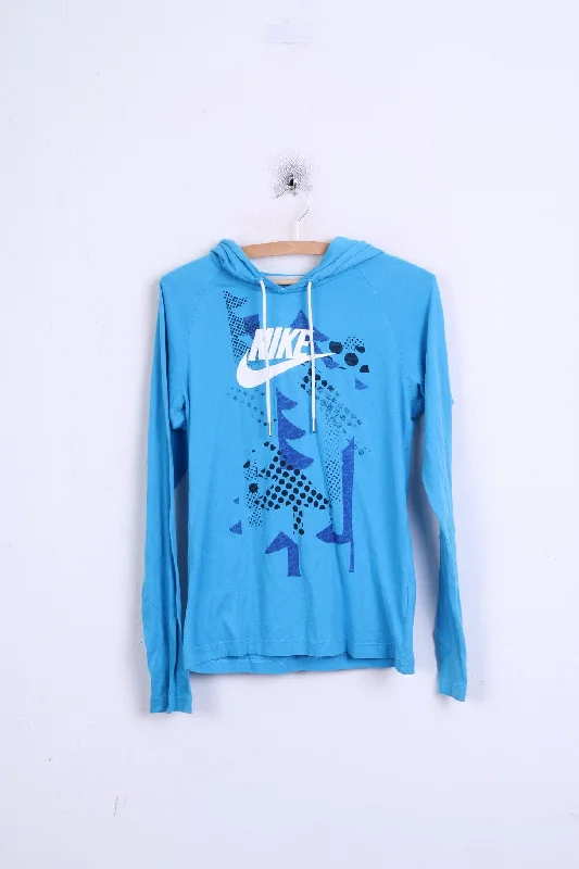 NIKE Womens M 10/12 Jumper Hood Blue Cotton Sportswear Boxy Sweater Fitted Sweater A-Line