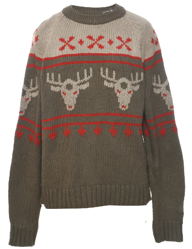 Nordic Brown Jumper - XL Graphic Sweater Embroidered Appliqued