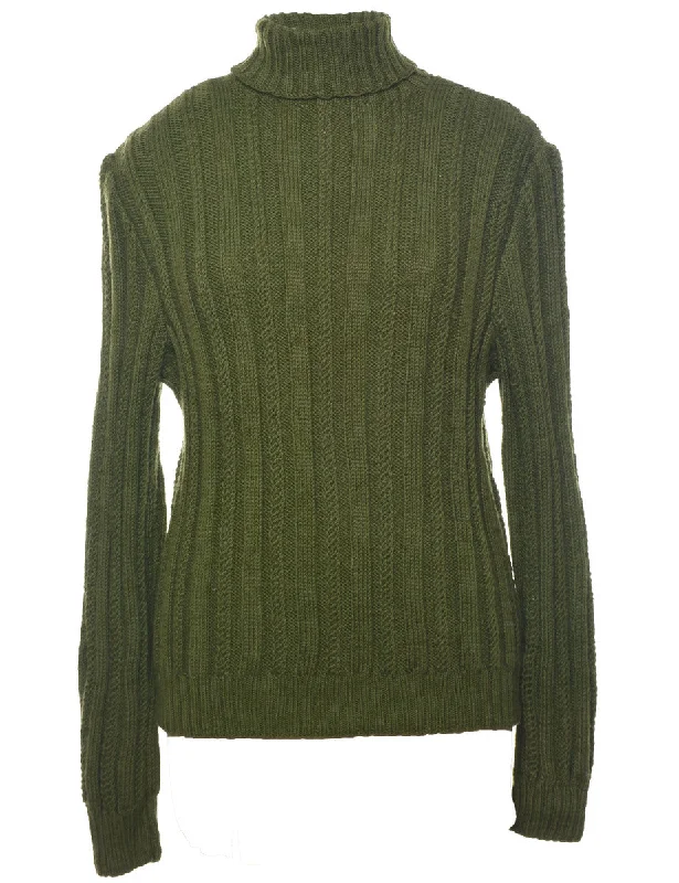 Olive Green Turtleneck Jumper - L Sweater Knitwear Pullover