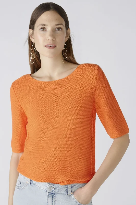 Oui 87489 Vermillion Orange Short Sleeve Round Neck Jumper Herringbone Houndstooth Plaid