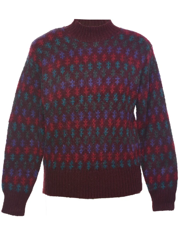Patterned Maroon Jumper - S Mesh Fabric Canvas Fabric Denim Fabric