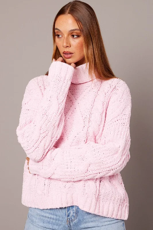 Pink Cable Knit Jumper High Neck Herringbone Houndstooth Plaid