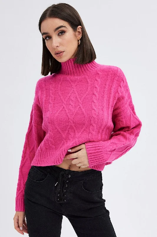 Pink Cable Knit Jumper High neck Velvet Chenille Corduroy
