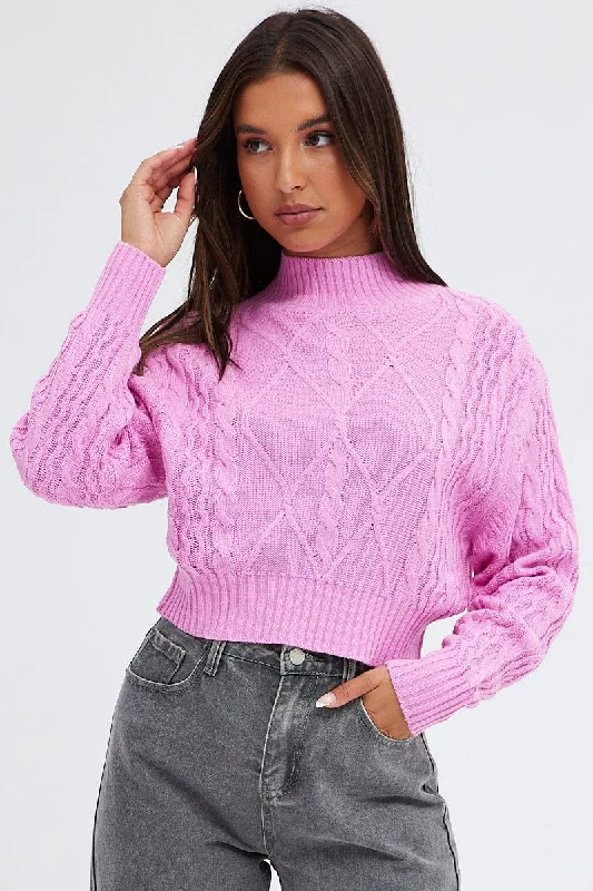 Pink Knit Jumper Long Sleeve Cabled Crop Stylish Fashionable Trendy