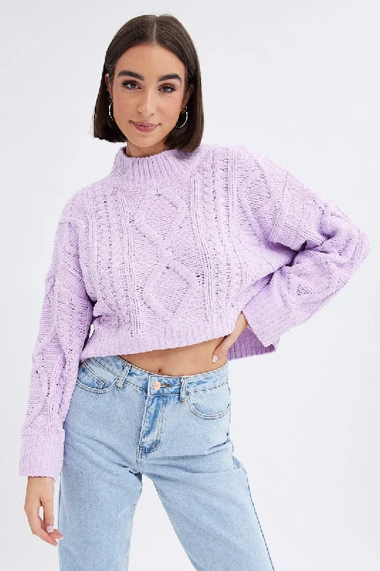 Purple Cable Knit Jumper Long Sleeve Elasticated Padded Insulated