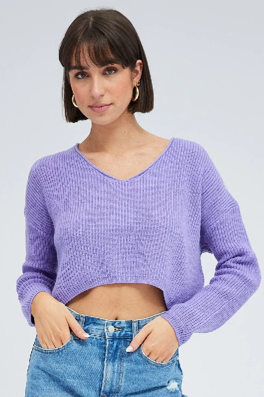 Purple Knit Jumper Long Sleeve V Neck Zippered Front Buttoned Front Snap Front