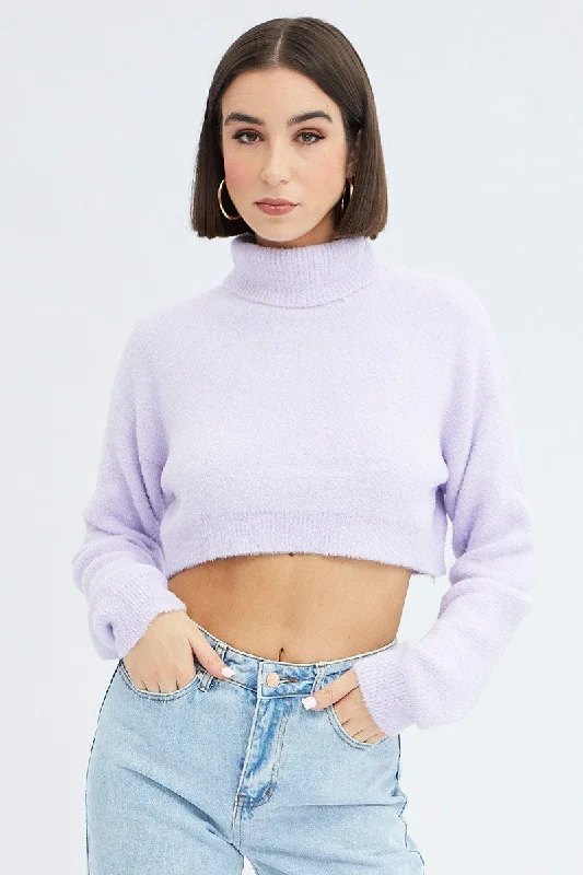 Purple Knit Jumper Turtle Neck Crop Layered Multi-layer Single Layer