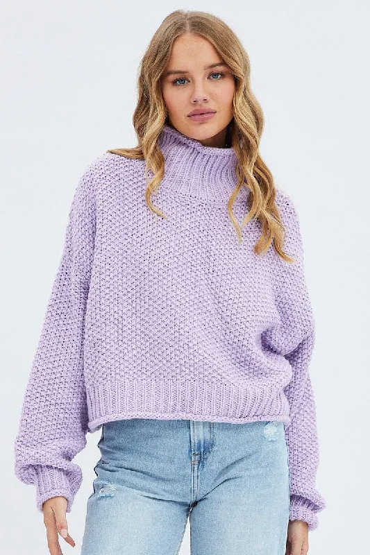 Purple Knit Jumper Turtle Neck Collared Crew Neck Turtle Neck