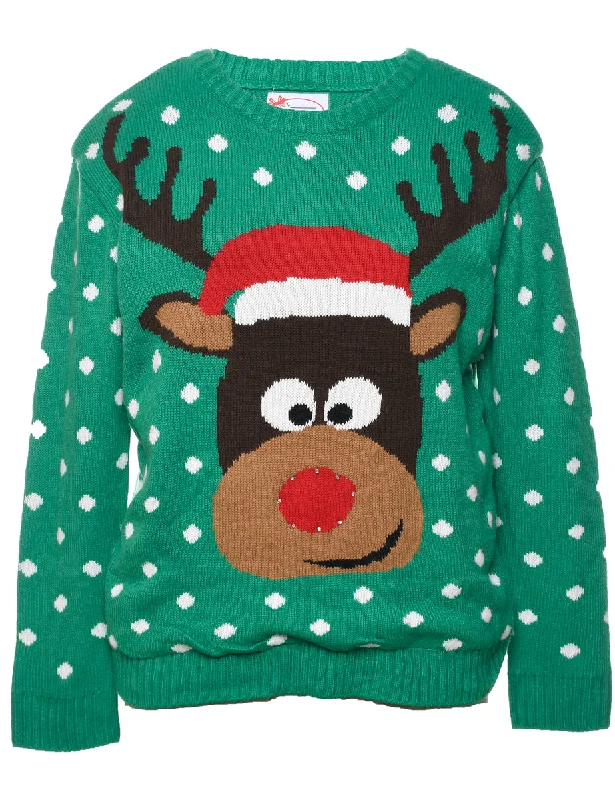 Reindeer Christmas Jumper - M Ribbed Striped Patterned