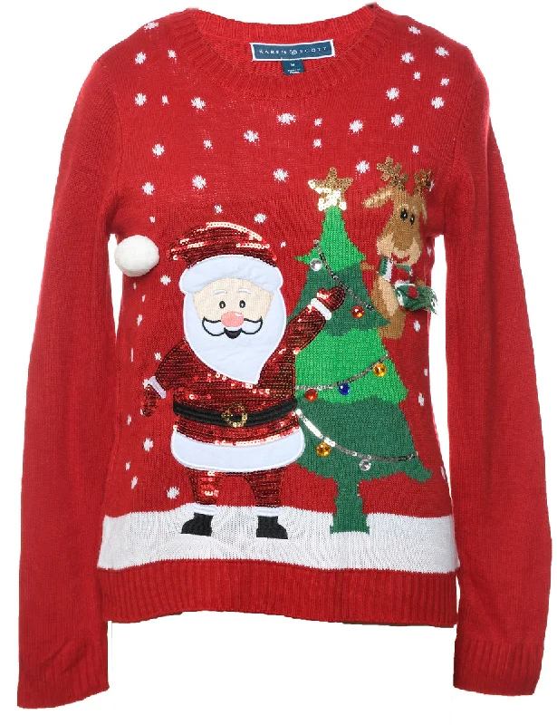 Santa Claus & Reindeer Christmas Jumper - M Wool Fabric Cashmere Fabric Tweed Fabric