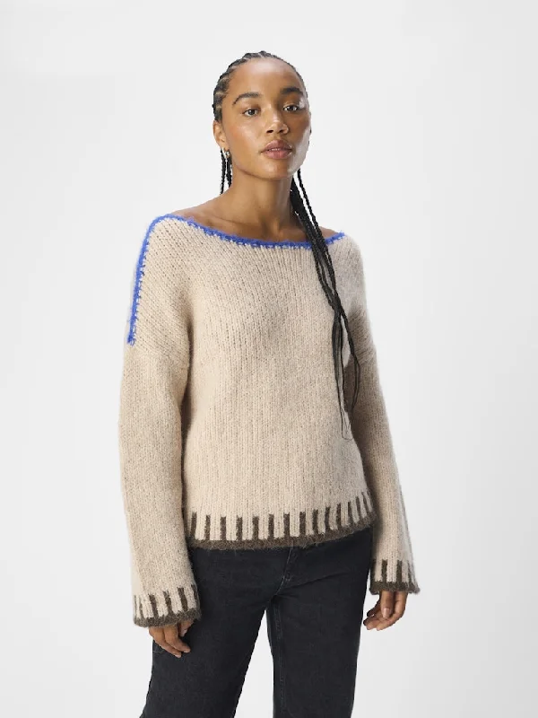 Tallira Oversized Knit Jumper White Sand Print Jacquard Patchwork
