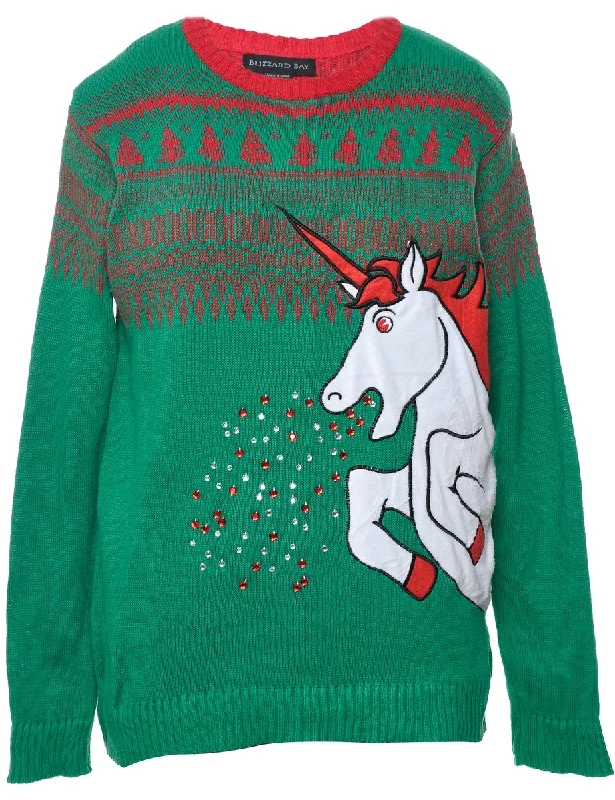 Unicorn Christmas Jumper - M Turtle Neck Boat Neck Asymmetrical Neck