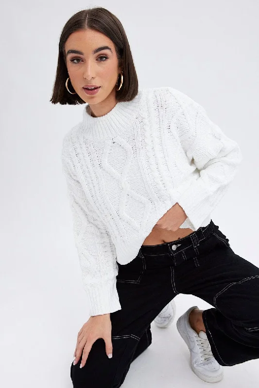 White Cable Knit Jumper Long Sleeve Neon Metallic Matte