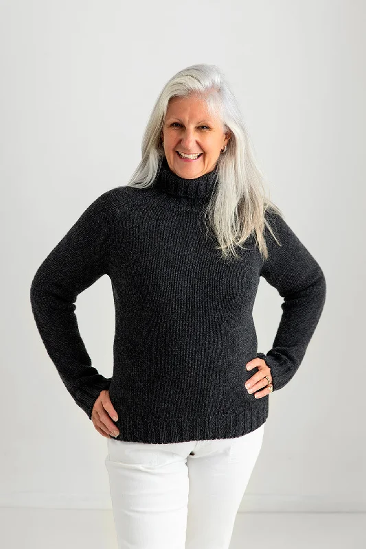 Womens Chunky Geelong Superfine Lambswool Polo Neck Jumper - Charcoal Casual Formal Business