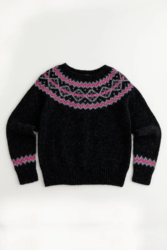 Womens Chunky Finnieston Yoke Fair Isle Jumper - Charcoal Handmade Hand-knitted Hand-woven