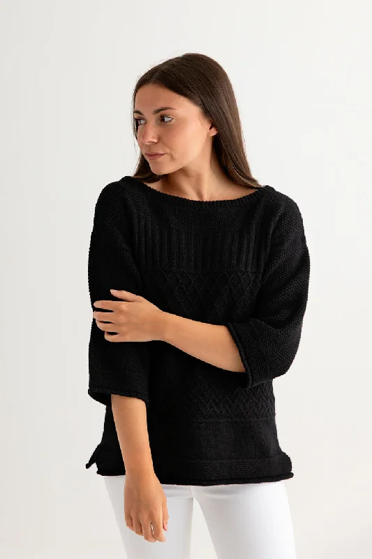 Womens Geelong Superfine Lambswool "Boathouse" Gansey Jumper - Black Terry Terry Cloth Terry Knit