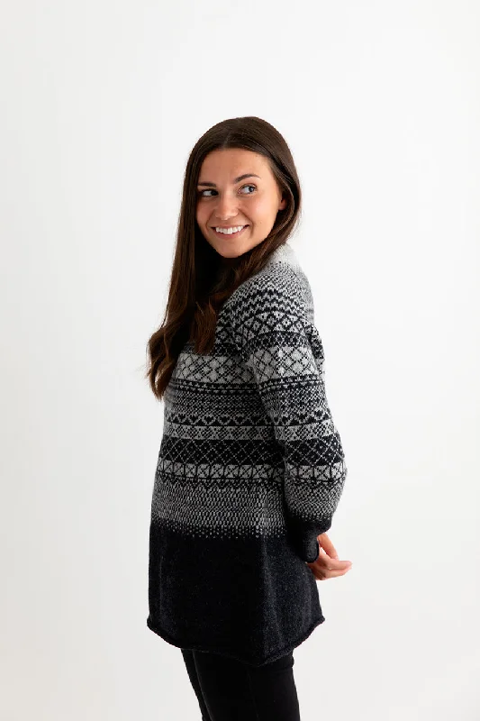 Womens Lace Fair Isle Tunic Jumper - charcoal Fitted Slim Tailored