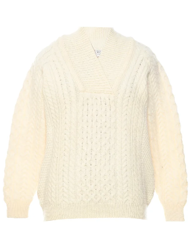 Wool Cable Knit Jumper - L Turtle Neck Boat Neck Asymmetrical Neck