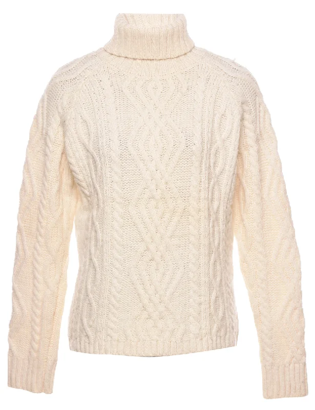 Wool Cable Knit Turtleneck Jumper - M Chenille Brocade Lace