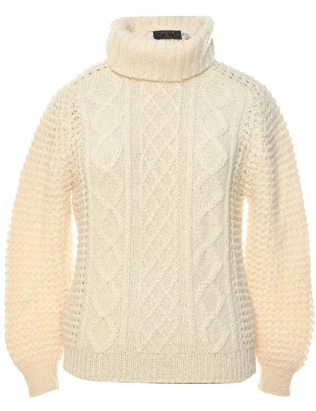 Wool Cable Knit Turtleneck Jumper - S Cashmere Blend Cotton Blend Poly Blend