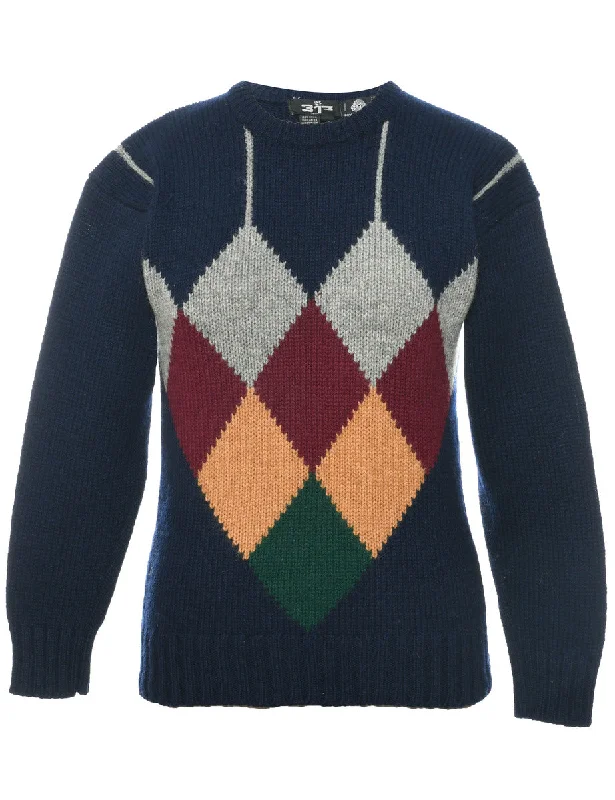 Wool Geometric Pattern Jumper - M Machine Wash Dry Clean Hand Wash