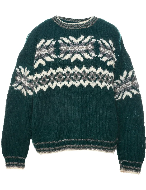 Wool Nordic Jumper - L Handmade Hand-knitted Hand-woven