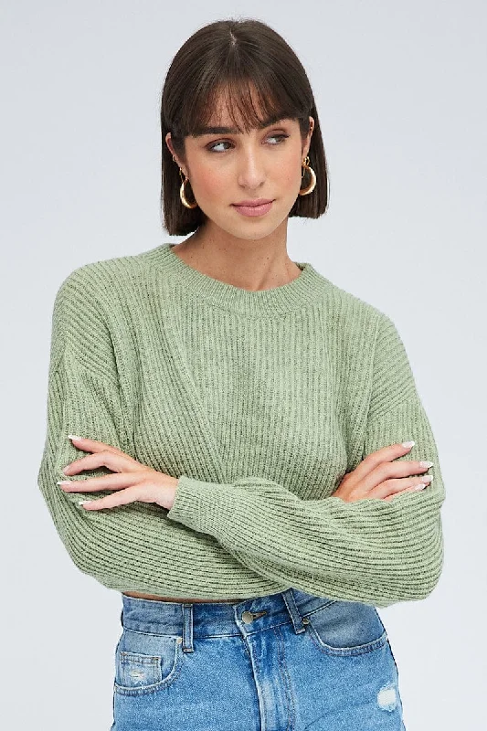 Green Knit Jumper Round Neck Long Sleeve Crop Zippered Front Buttoned Front Snap Front