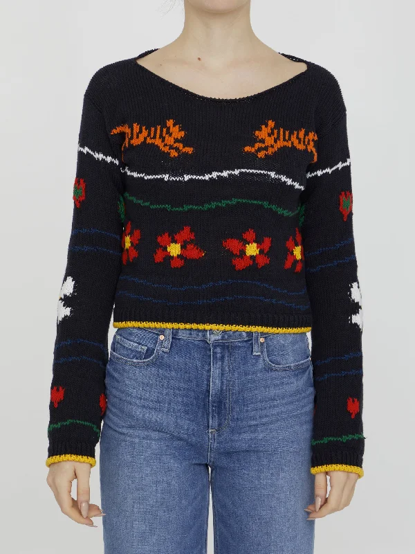 Multicolor Embroidered Jumper Long Sweater Short Sweater Cropped Sweater