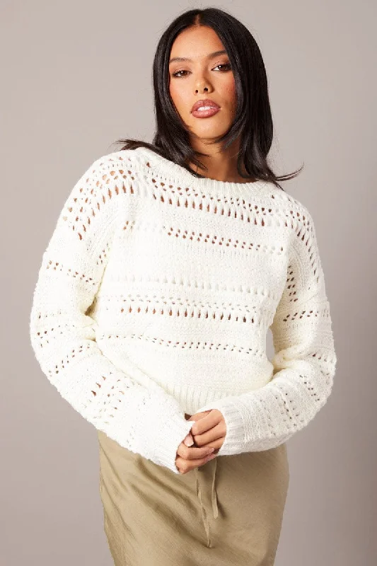 White Crochet Jumper Long Sleeve Crew Neck Transparent Opaque Sheer
