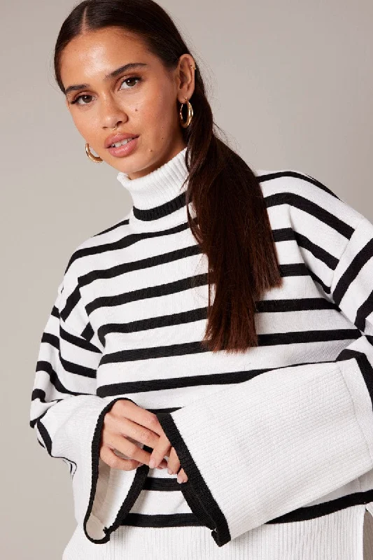 White Stripe Knit Jumper Open Front Closed Front Wrap Front