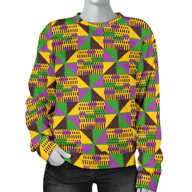 African Kente Pattern Print Women's Sweatshirt Hoodie with Hem Embroidery Detailed Premium