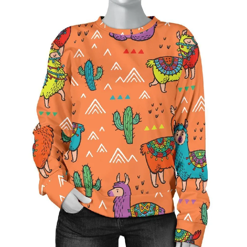 Alpaca Cactus Pattern Print Women's Sweatshirt Hoodie with Half-Zip Sporty Casual