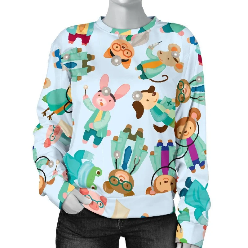 Animal Nurse Pattern Print Women's Sweatshirt Hoodie with Button Classic Timeless